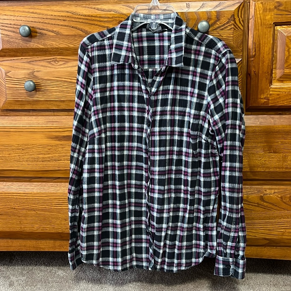 Eddie Bauer women’s flannel shirt, size M, black/white/ pink/blue.